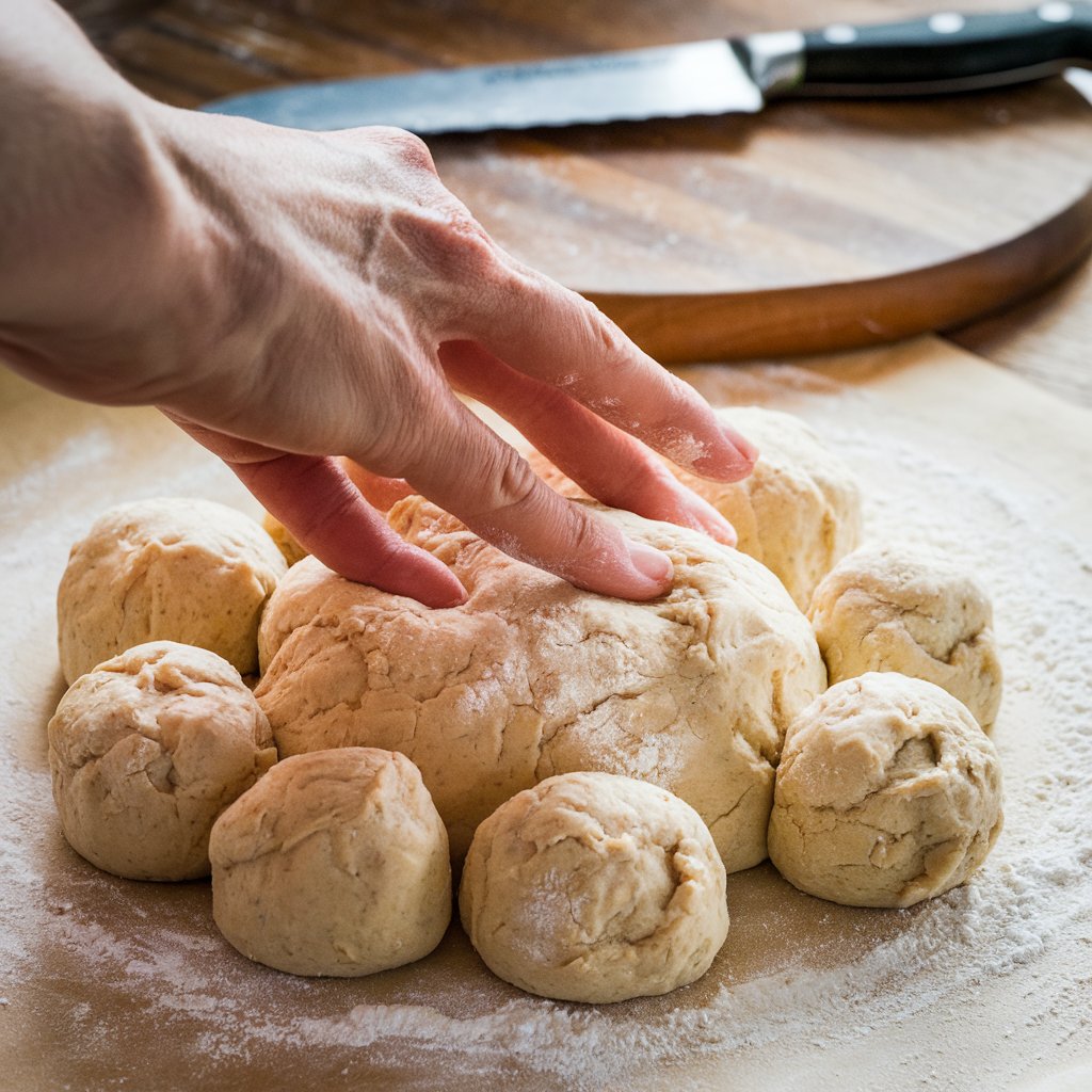 Illustration 5: Dividing dough into balls.

Divide the dough into small balls, about the size of your palm.

Illustration 6: Rolling out a dough ball 

Roll each ball into a circle, about 1/4 inch thick.