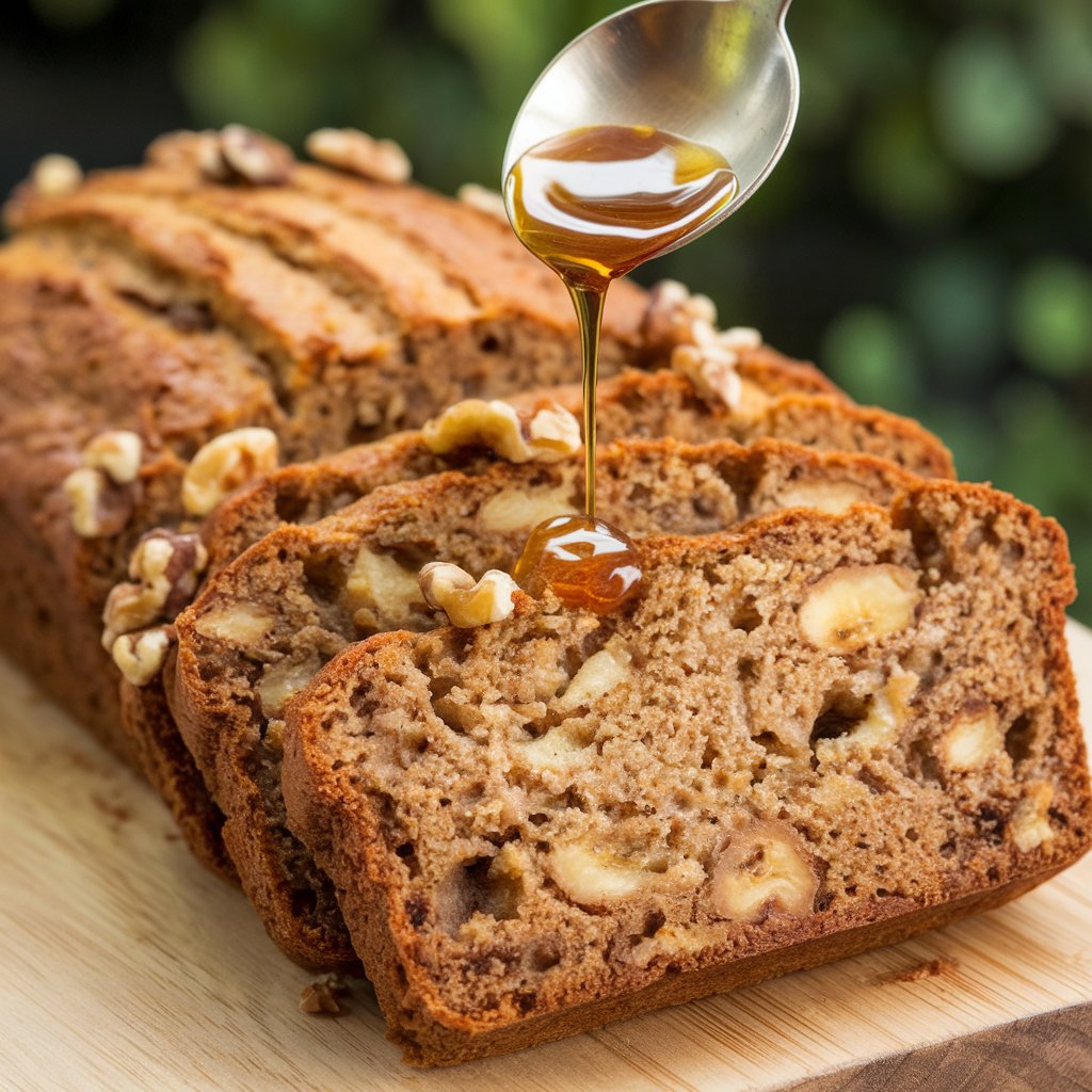 Illustration: A moist, sliced banana bread with walnuts and a drizzle of honey.