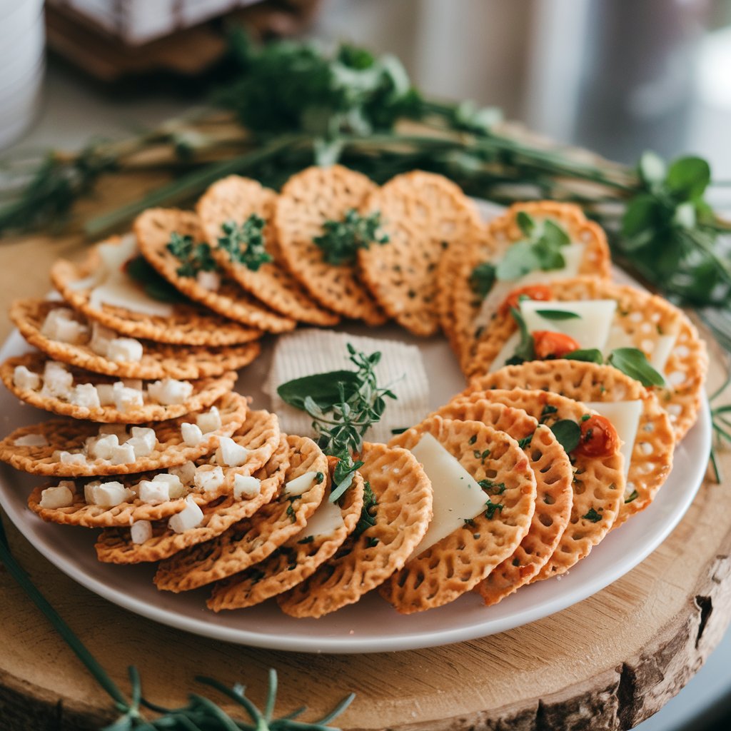 Illustration: A platter of thin, crispy crackers with cheese and herbs.