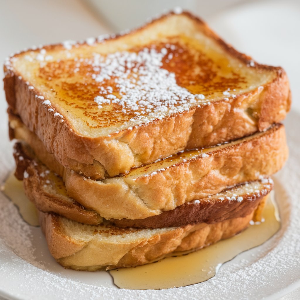 A photo of a stack of French toast without eggs. The slices of bread are coated in a mixture of milk, flour, and cinnamon, then pan-fried until golden brown. The French toast is served on a white plate and is dusted with powdered sugar. There is a drizzle of maple syrup over the toast.