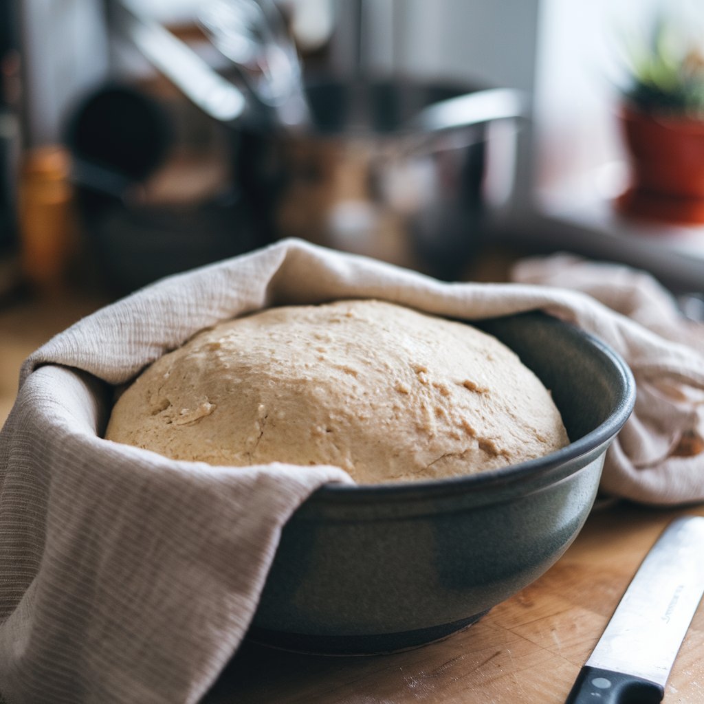  Dough resting in a bowl covered with a cloth.