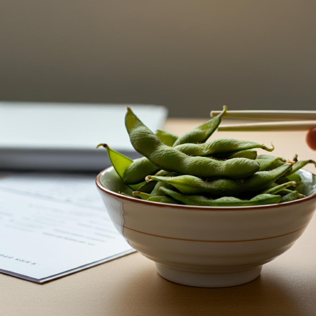 small bowl of steamed edamame on a desk, with chopsticks in hand.