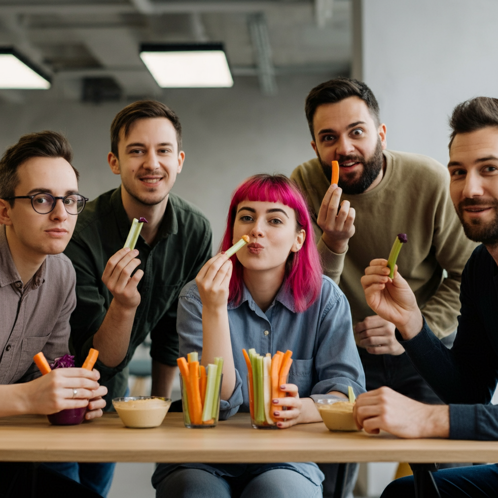  colorful array of vegetables being dipped into hummus during a casual office break.