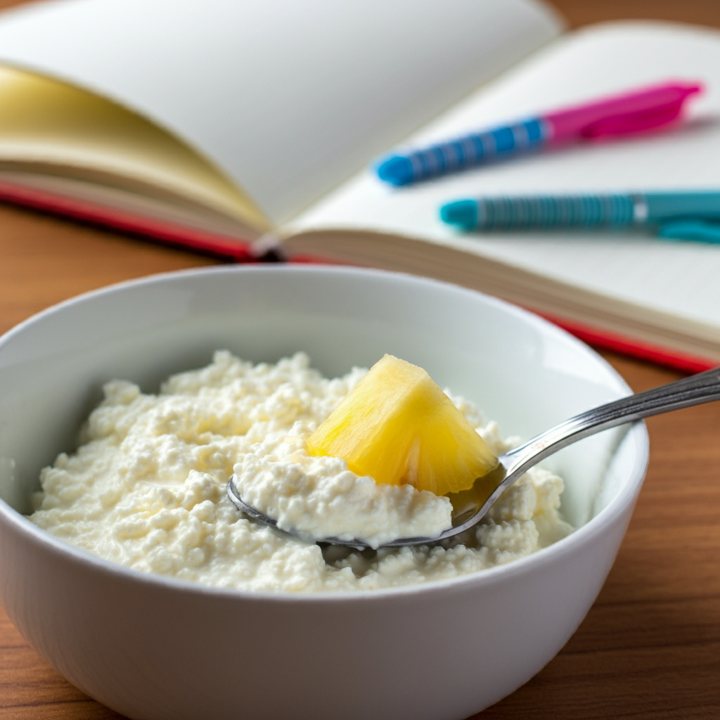 A spoonful of cottage cheese topped with pineapple, surrounded by notebooks and pens.