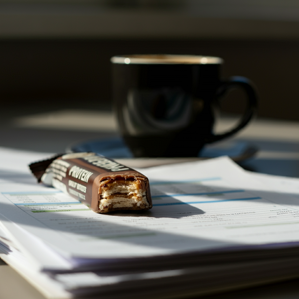 A half-eaten protein bar on a stack of reports, with a coffee cup in the background.