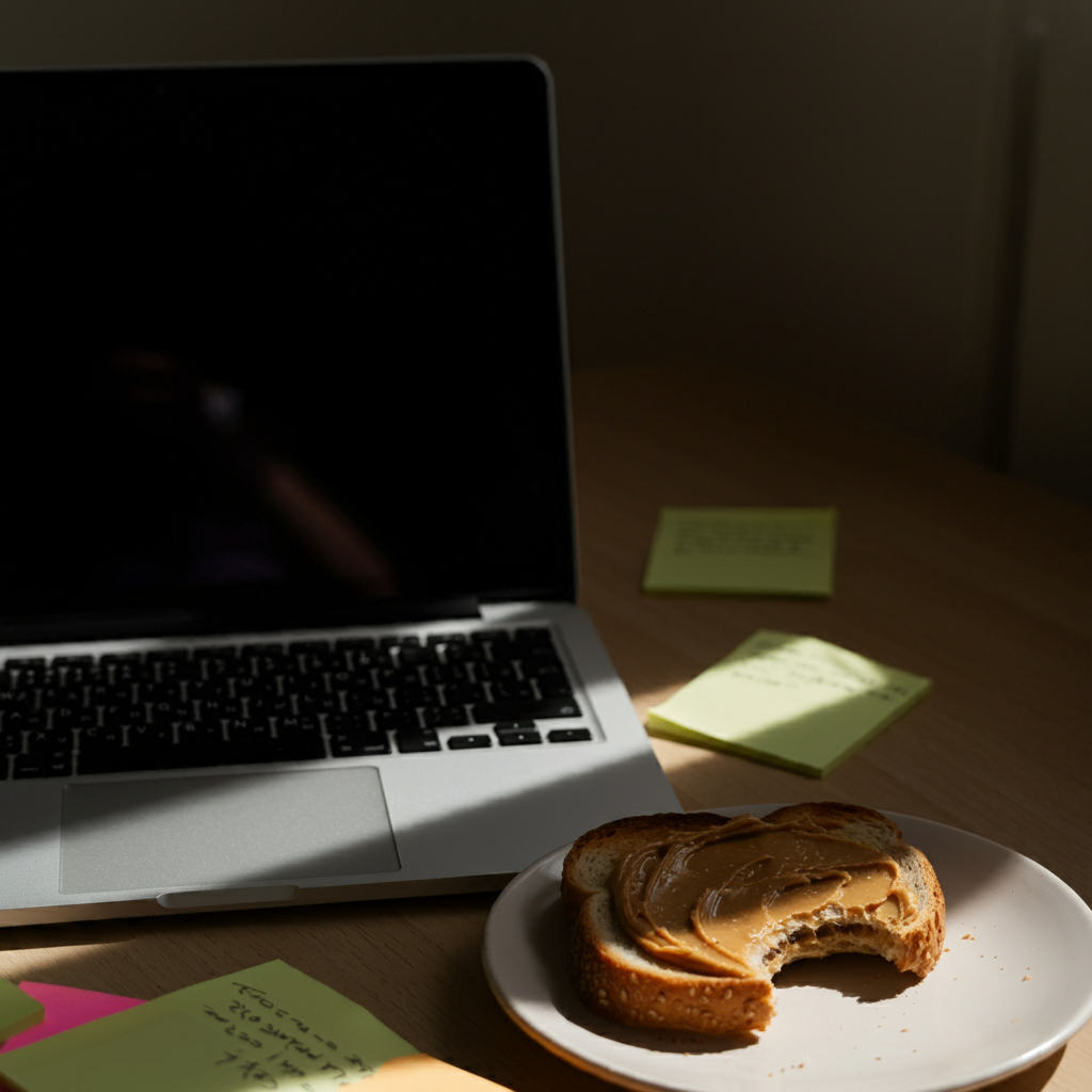 A slice of peanut butter toast with a bite taken out, next to a laptop and sticky notes.