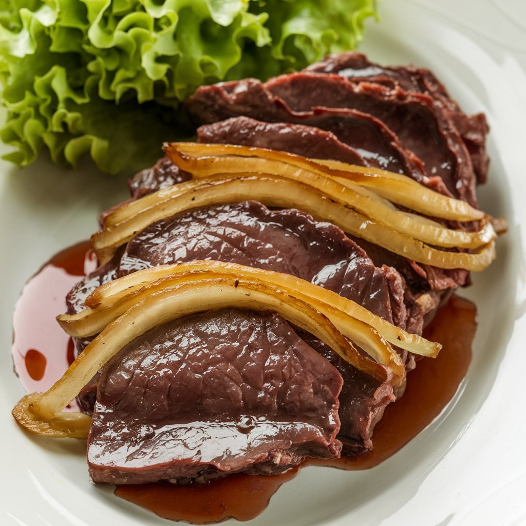 A photo of a beef liver dish with onions. The liver is cooked to a golden-brown color and sliced into thin pieces. The onions are caramelized and layered on top of the liver. The dish is served on a white plate. There is a green side dish of lettuce on the plate. The overall image has a few drops of blood on the plate.