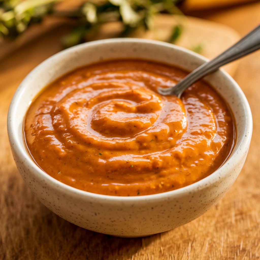 A photo of a bowl of Chick-fil-A sauce. The sauce is a medium orange color with a slightly creamy texture. There's a spoon in the bowl. The bowl is placed on a wooden surface. There are some herbs in the background. The lighting is warm.