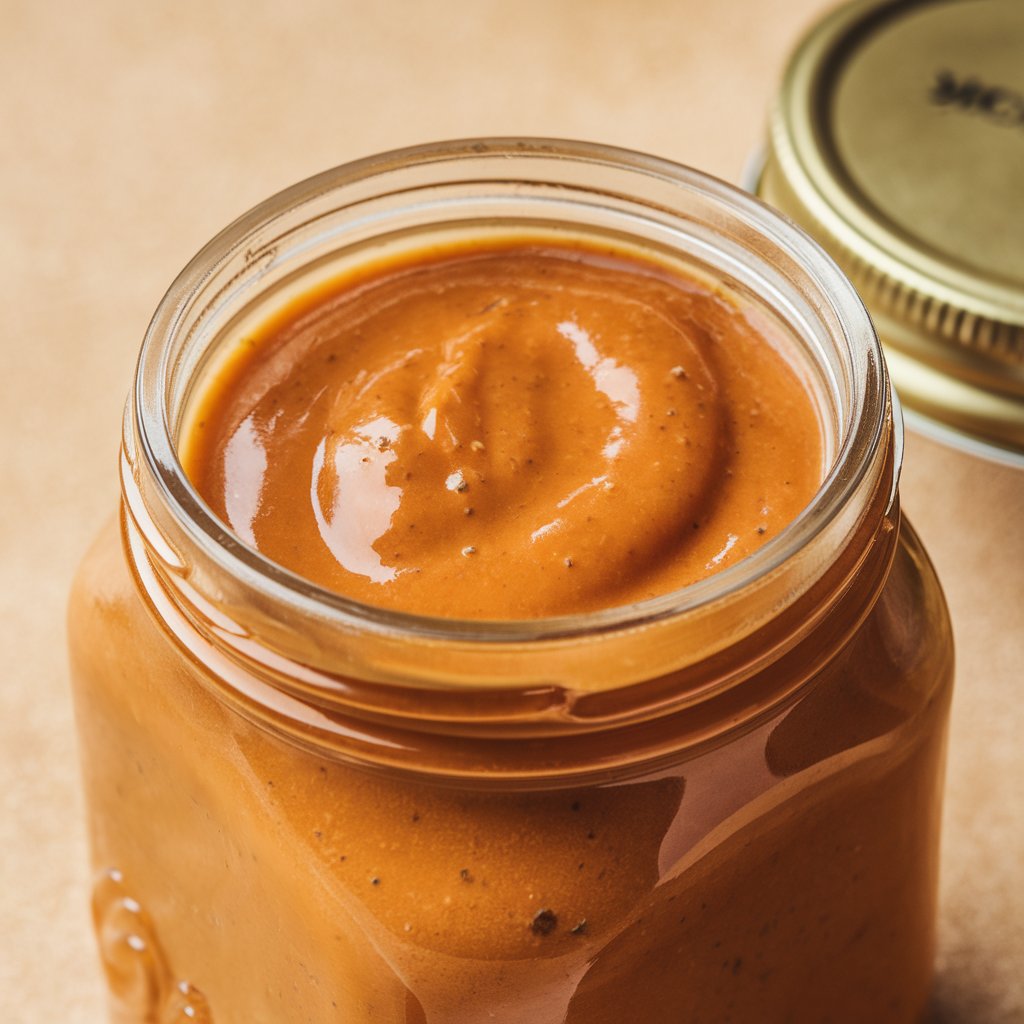 A photo of a bowl of Chick fil A sauce. The sauce is a medium orange color with a slightly creamy texture. There's a spoon in the bowl. The bowl is placed on a wooden surface. There are some herbs in the background. The lighting is warm.