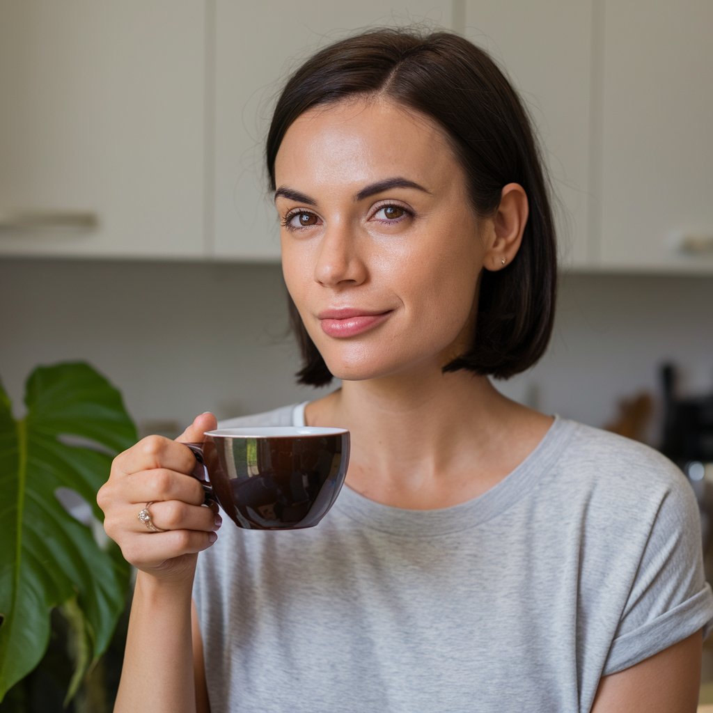 A photo of a woman holding a cup of black coffee. She is standing in a lush green forest with tall trees. The forest floor is covered with fallen leaves. The overall image has a soft, warm hue.