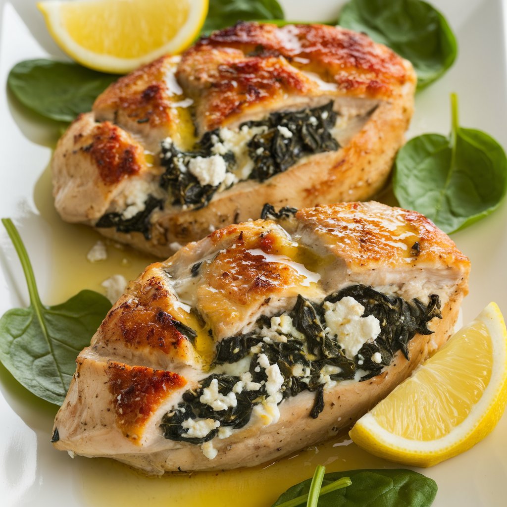 Golden-brown stuffed chicken breasts oozing with a spinach and feta filling, plated with a drizzle of olive oil and garnished with fresh spinach leaves and lemon wedges."