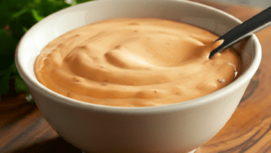 A photo of a bowl of Chick fil A sauce. The sauce is a medium orange color with a slightly creamy texture. There's a spoon in the bowl. The bowl is placed on a wooden surface. There are some herbs in the background. The lighting is warm.