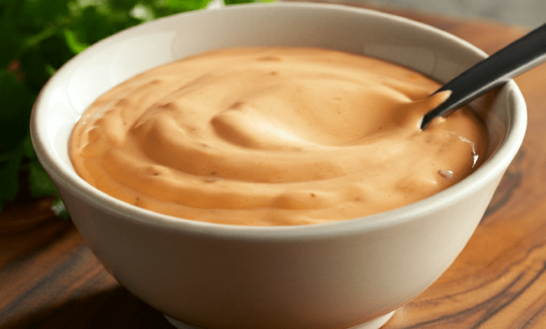 A photo of a bowl of Chick fil A sauce. The sauce is a medium orange color with a slightly creamy texture. There's a spoon in the bowl. The bowl is placed on a wooden surface. There are some herbs in the background. The lighting is warm.