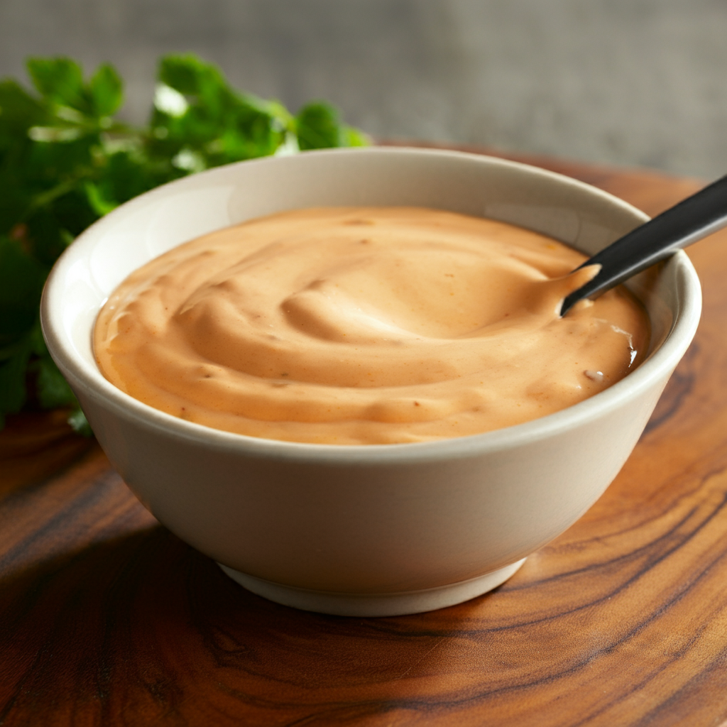 A photo of a bowl of Chick fil A sauce. The sauce is a medium orange color with a slightly creamy texture. There's a spoon in the bowl. The bowl is placed on a wooden surface. There are some herbs in the background. The lighting is warm.