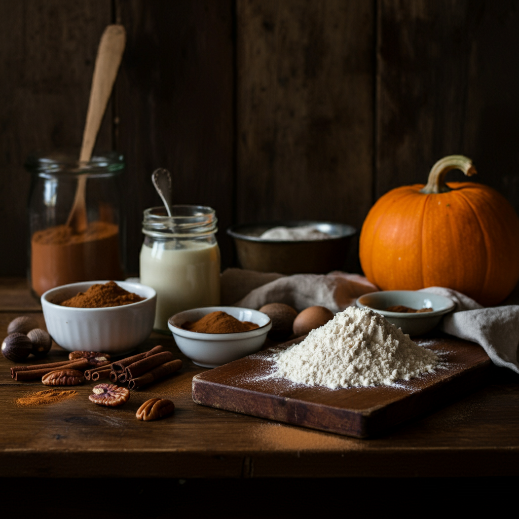 Rustic kitchen scene with pumpkin bread ingredients on wooden table, warm lighting