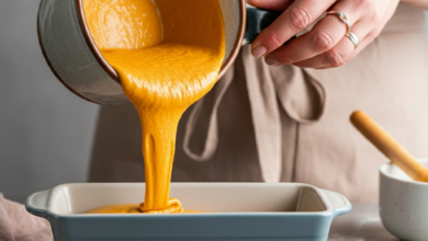 Hands pouring orange pumpkin bread batter into a loaf pan, close-up shot