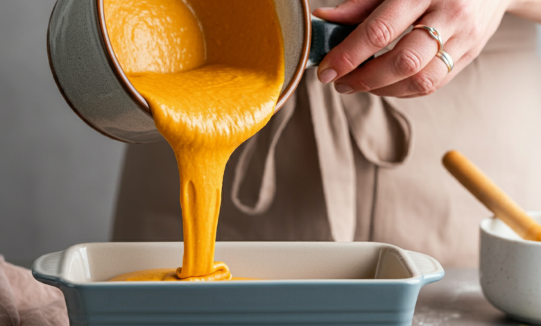 Hands pouring orange pumpkin bread batter into a loaf pan, close-up shot