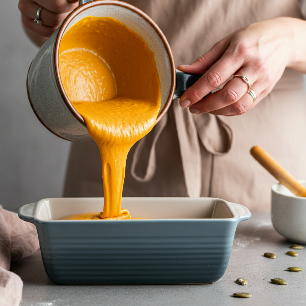 Hands pouring orange pumpkin bread batter into a loaf pan, close-up shot