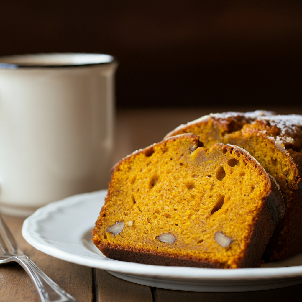 lice of moist pumpkin bread on a white plate next to a steaming cup of coffee, soft natural lighting