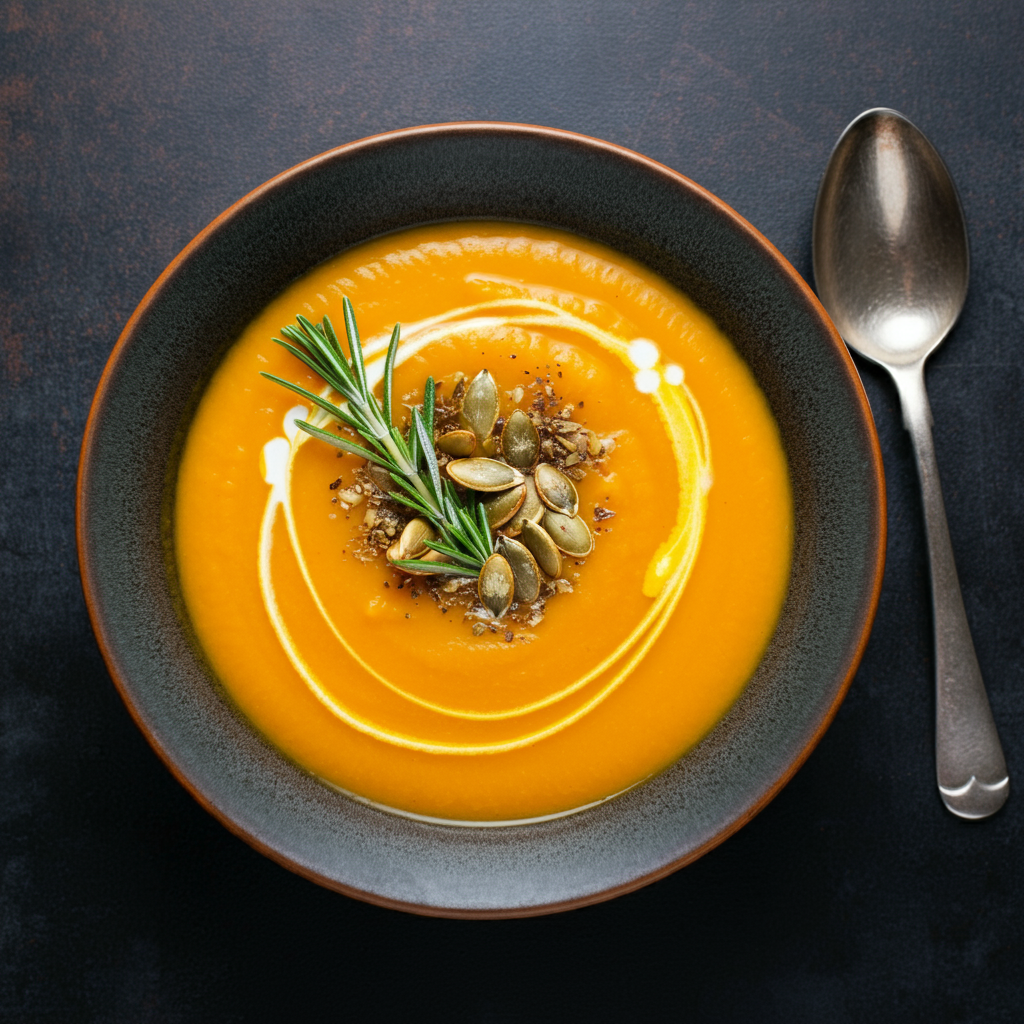 A steaming bowl of pumpkin soup, garnished with herbs and seeds.