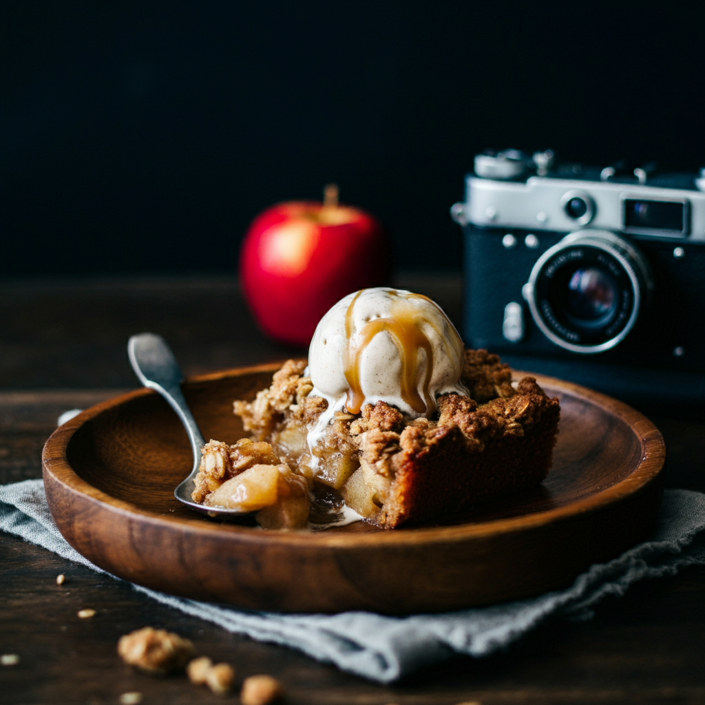 A rustic dish of baked apple crisp, topped with melted ice cream