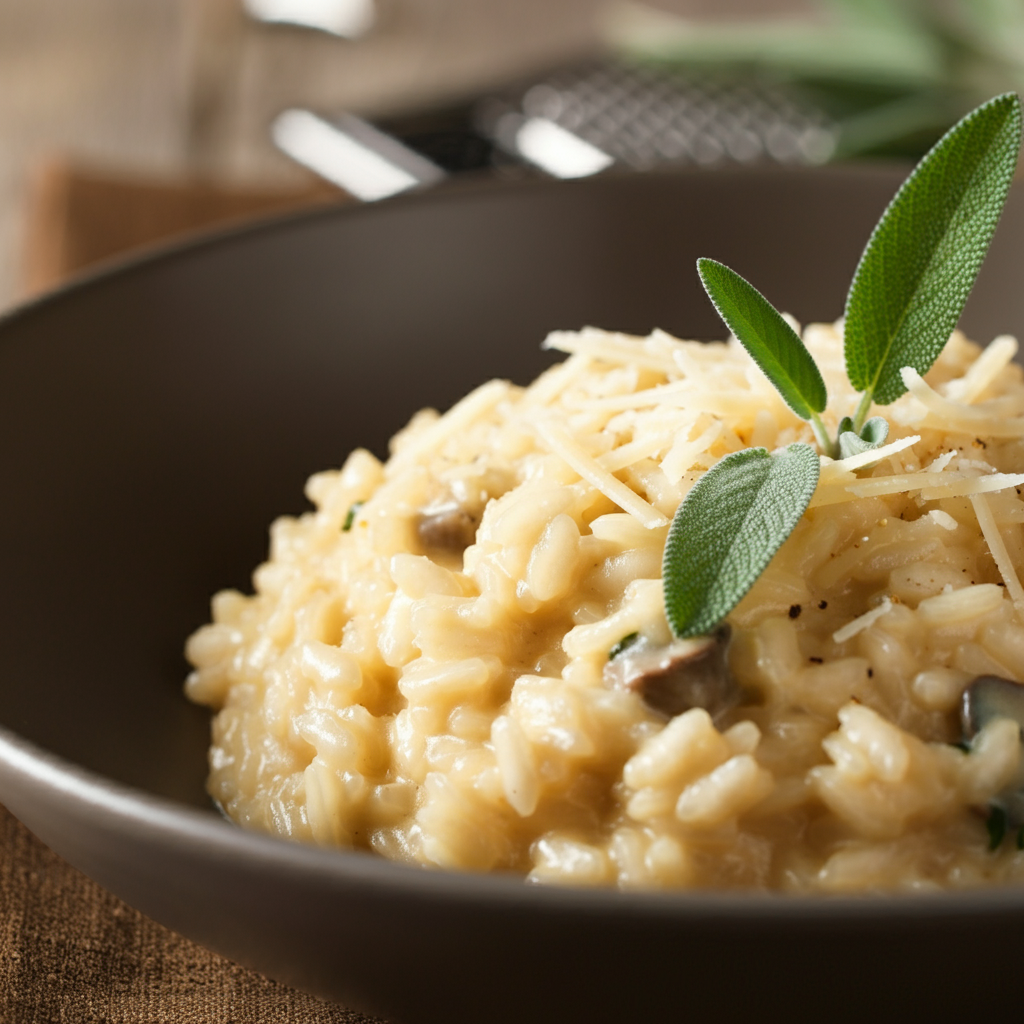 A close-up of a creamy bowl of risotto, garnished with Parmesan and sage.