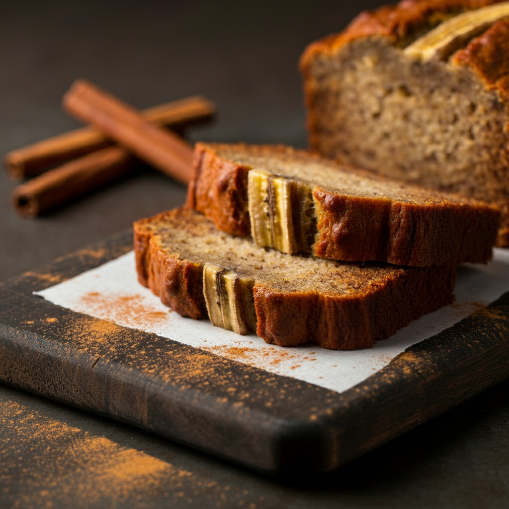  A slice of banana bread on a rustic wooden board, with cinnamon sticks in the background.