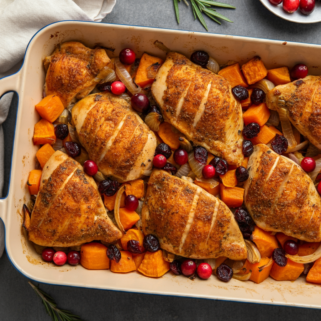 A colorful casserole dish, filled with chicken, sweet potatoes, and cranberries.