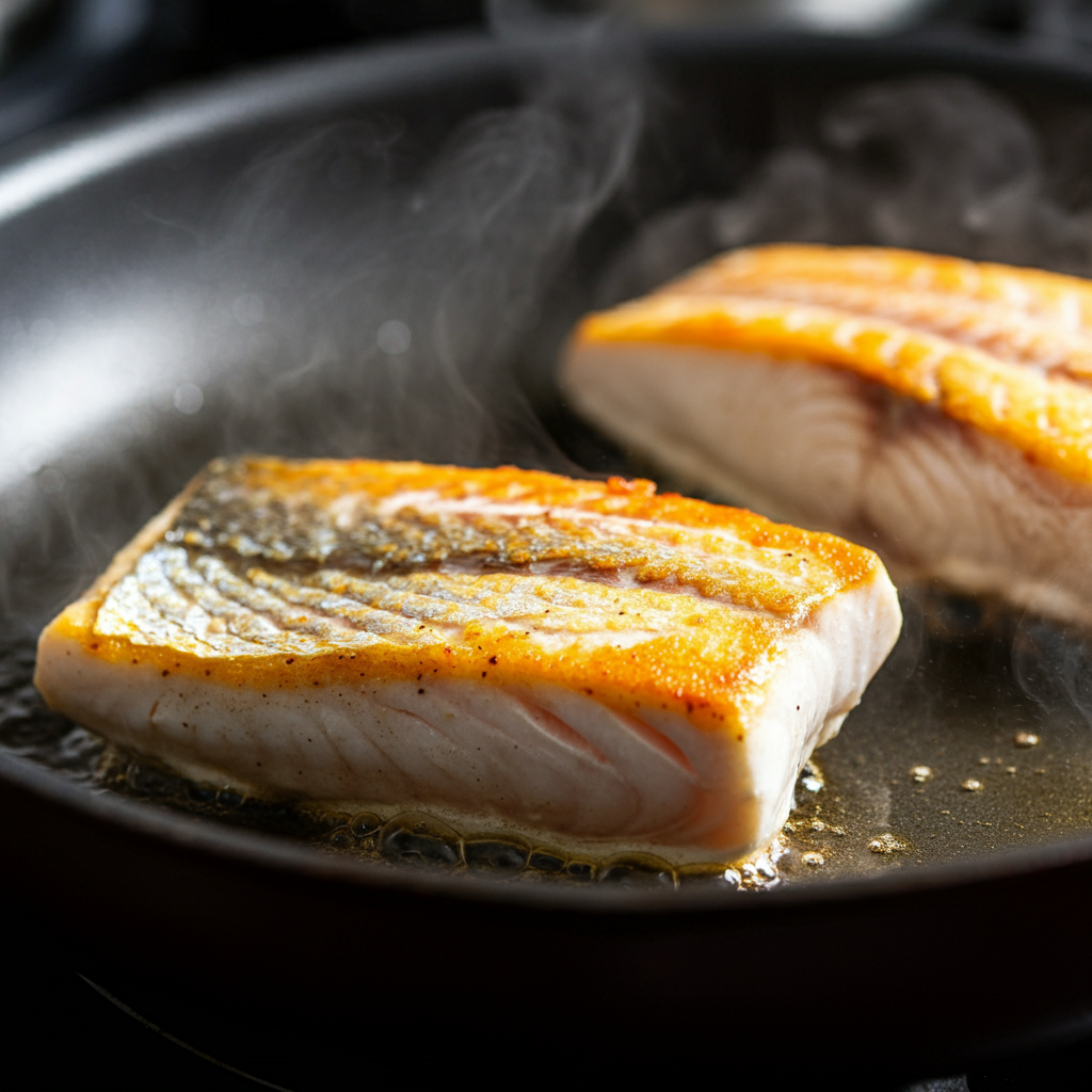 A top-down view of a small saucepan with melted butter and minced garlic sizzling, fresh lemon slices and zest nearby, and parsley being sprinkled into the pan, highlighting the process of making the sauce.