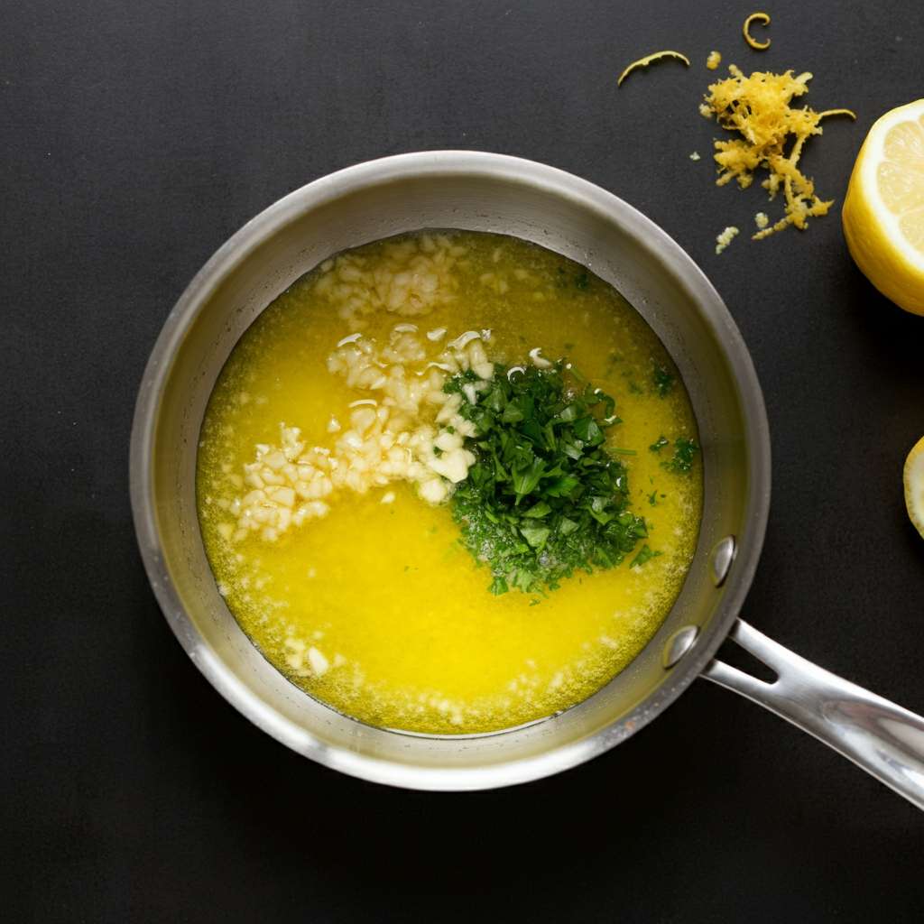 A top-down view of a small saucepan with melted butter and minced garlic sizzling, fresh lemon slices and zest nearby, and parsley being sprinkled into the pan, highlighting the process of making the sauce.