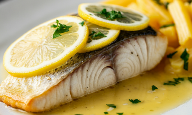 A beautifully plated Mahi Mahi fillet topped with lemon garlic butter sauce, garnished with lemon wedges and parsley on a sleek, white plate. The sauce lightly pools around the fish, with a subtle shine to emphasize its richness.