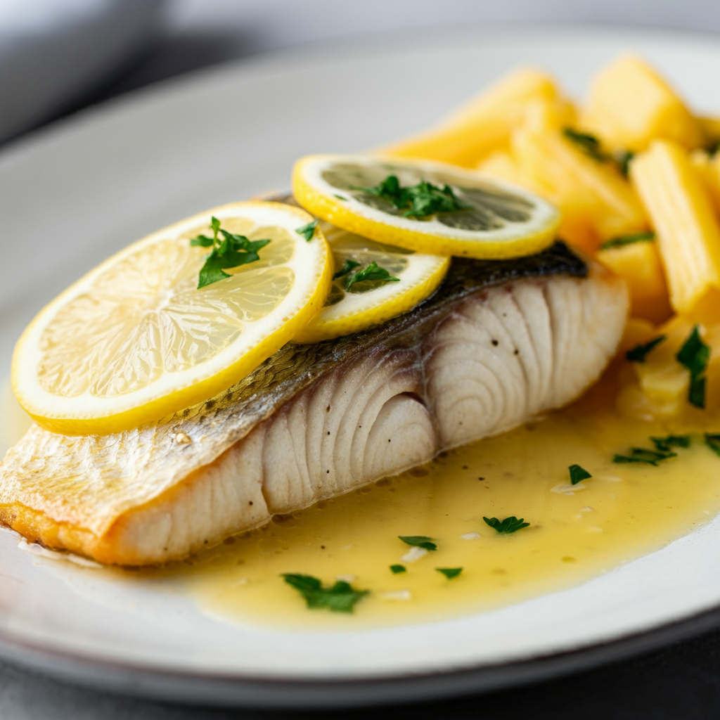 A beautifully plated Mahi Mahi fillet topped with lemon garlic butter sauce, garnished with lemon wedges and parsley on a sleek, white plate. The sauce lightly pools around the fish, with a subtle shine to emphasize its richness.