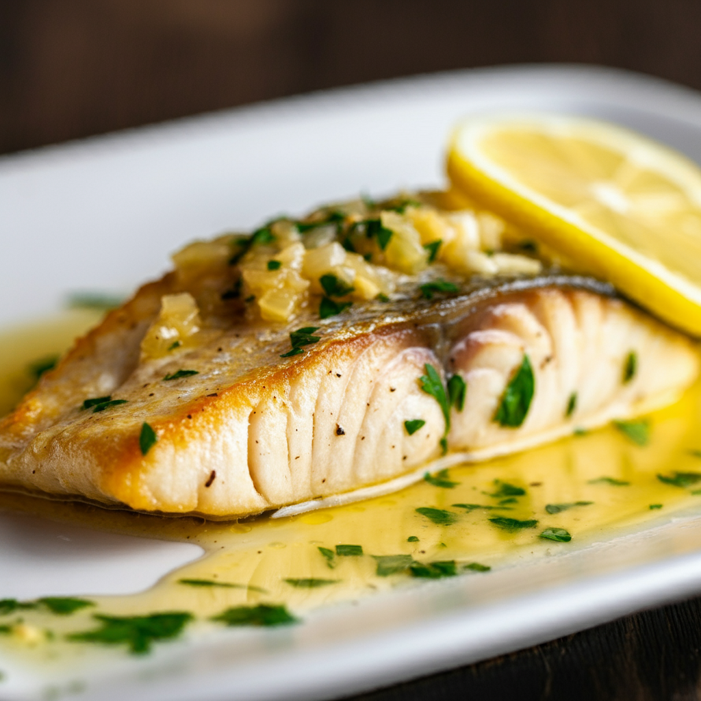 A beautifully plated Mahi Mahi fillet topped with lemon garlic butter sauce, garnished with lemon wedges and parsley on a sleek, white plate. The sauce lightly pools around the fish, with a subtle shine to emphasize its richness.