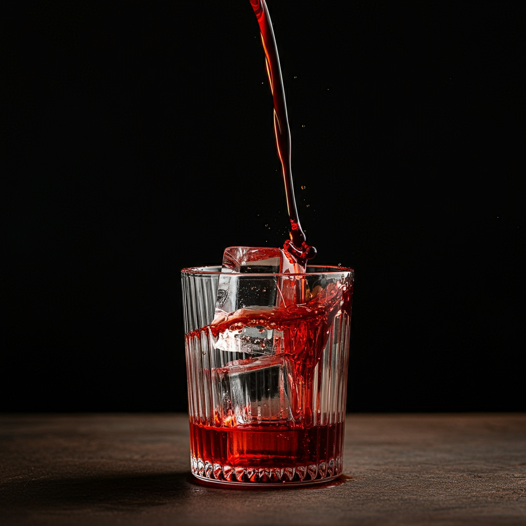 The deep red syrup flowing into the ice-filled glass, creating a beautiful red base.