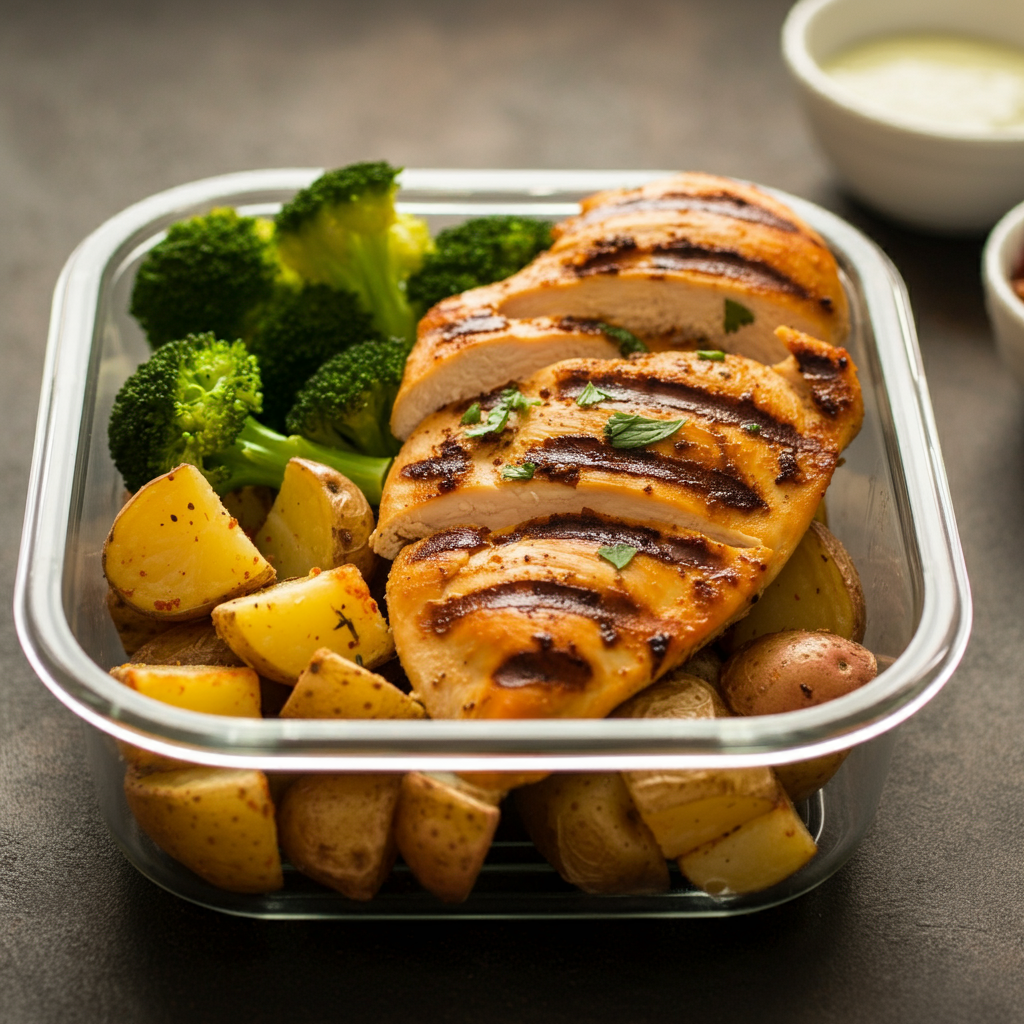 Grill chicken breasts and roasted veggies for a quick and healthy meal prep bowl.