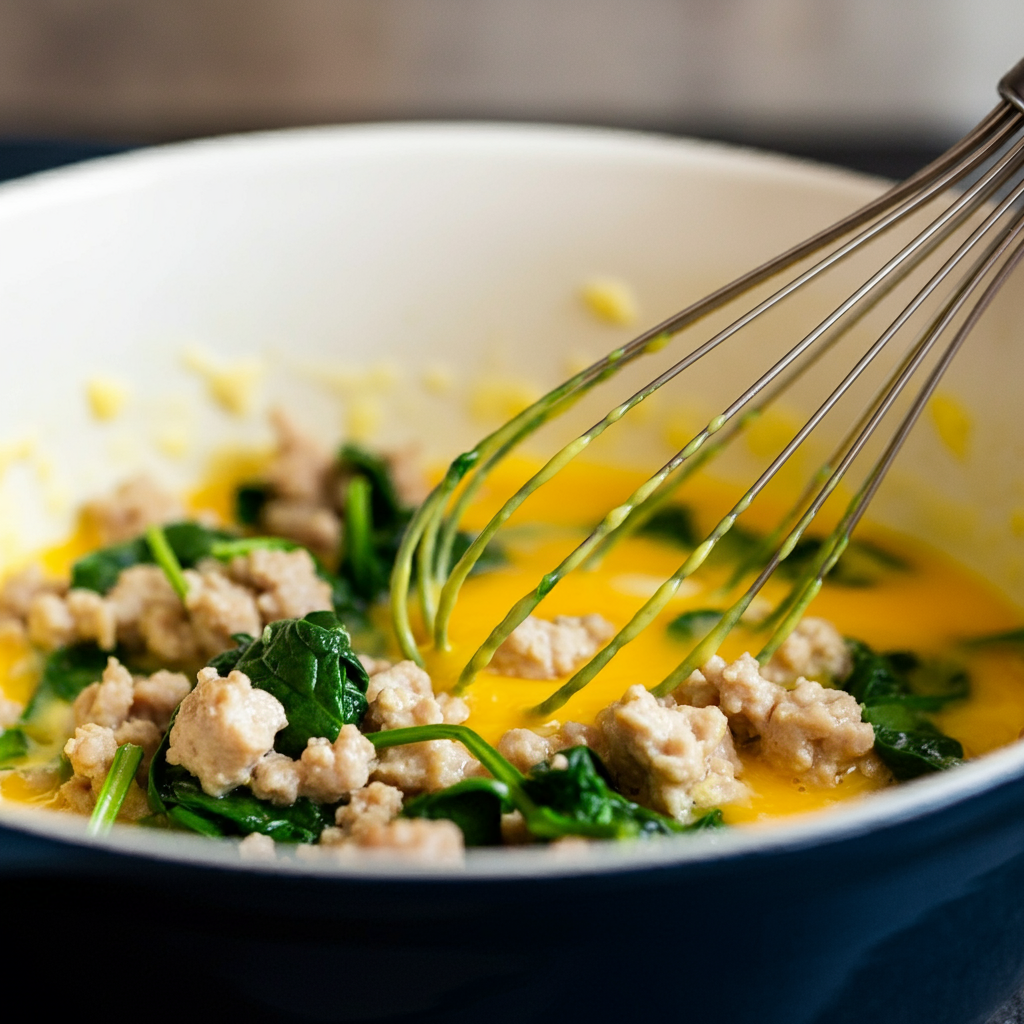 Whisk eggs with turkey sausage and spinach for a quick and nutritious breakfast option.