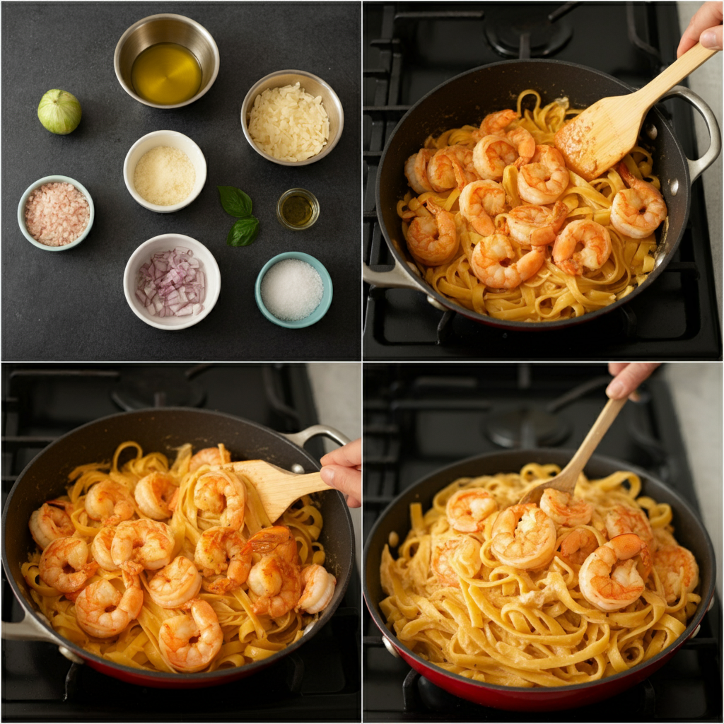 Step-by-step images showing the cooking process for Copycat Bistro Shrimp Pasta