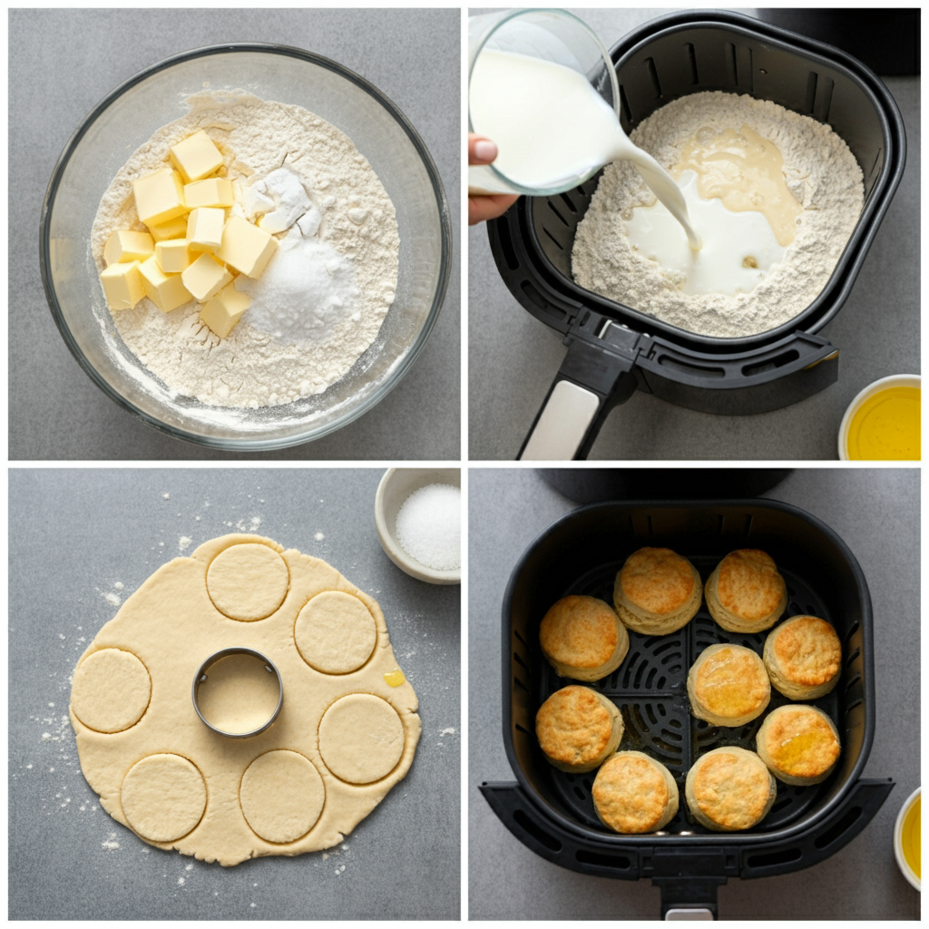 A step-by-step layout showing key stages of making air fryer biscuits. In the first section, flour, baking powder, and salt are mixed in a large bowl, with small butter cubes visible on top, ready to be blended. Next, milk is being poured into the mixture, creating a rough, slightly sticky dough. The following step shows the dough rolled out on a lightly floured surface, with a biscuit cutter pressing into it to create perfect rounds. In the final section, the biscuits are neatly arranged in the air fryer basket, with golden-brown finished biscuits shown beside it, brushed with melted butter for a warm, appetizing finish. The scene is clean, well-lit, and captures each part of the process.