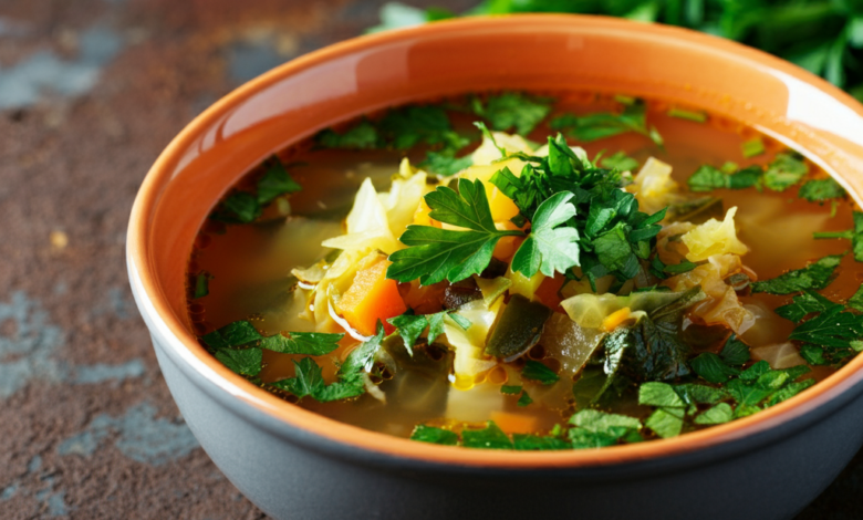 A bowl of vibrant vegetable soup, garnished with fresh parsley and herbs, set on a rustic table. The soup looks hearty and inviting, with visible pieces of cabbage and carrots.