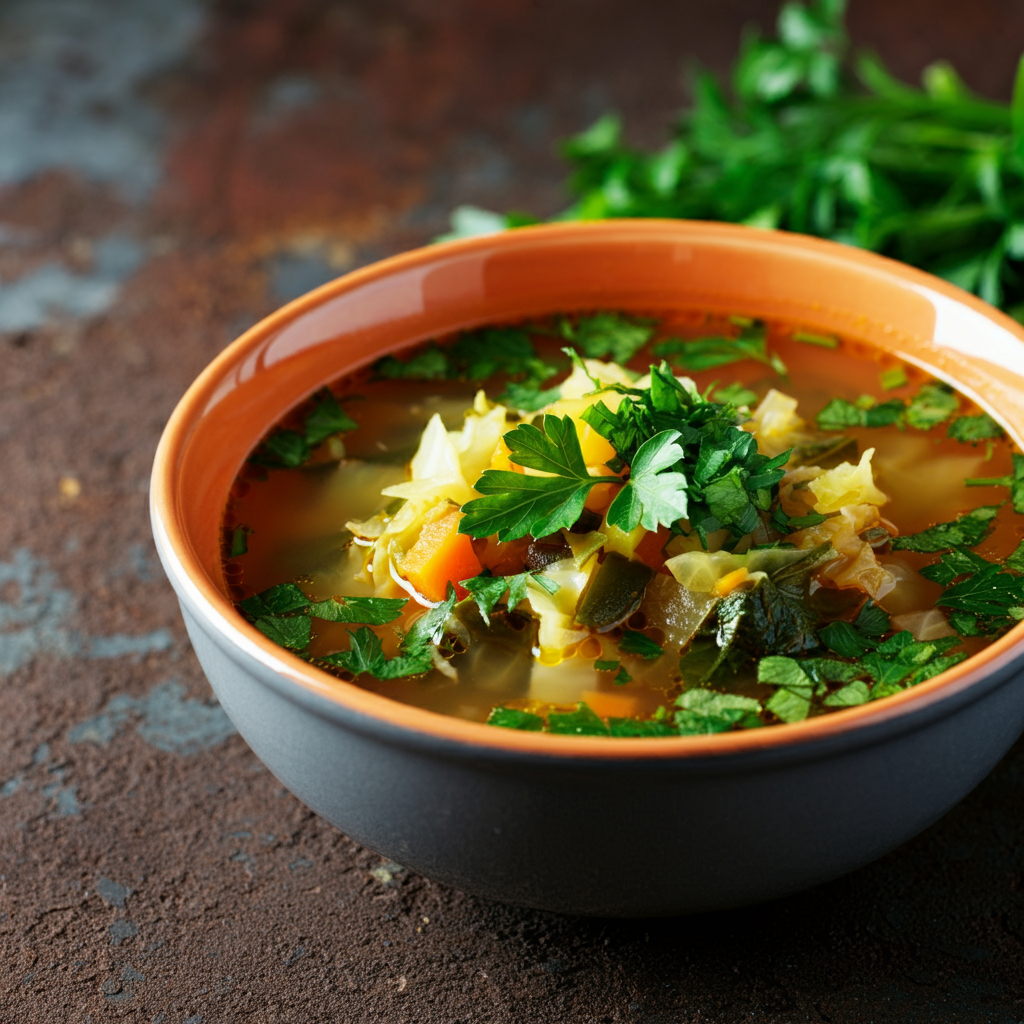 A bowl of vibrant vegetable soup, garnished with fresh parsley and herbs, set on a rustic table. The soup looks hearty and inviting, with visible pieces of cabbage and carrots.