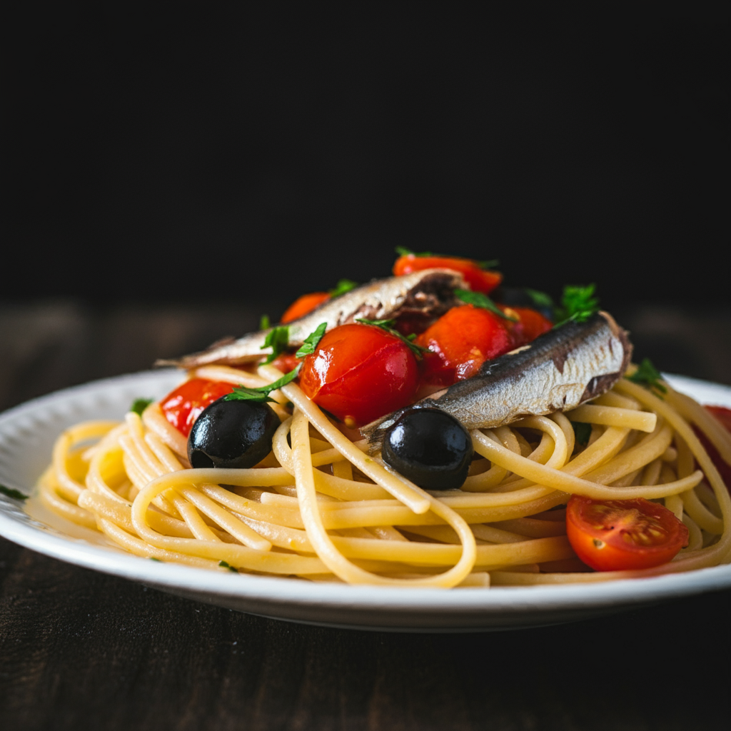 A vibrant dish of Mediterranean-style pasta with canned sardines. Linguine pasta is tossed with juicy cherry tomatoes, sliced olives, and fresh parsley, with sardines gently mixed in.