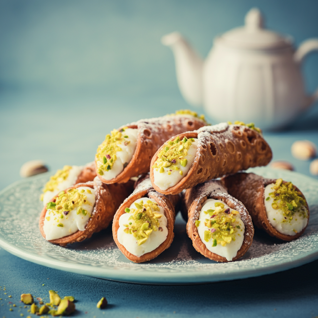 An artisan Italian dessert featuring Italian sweet cream filling cannoli shells, placed on a vintage plate.