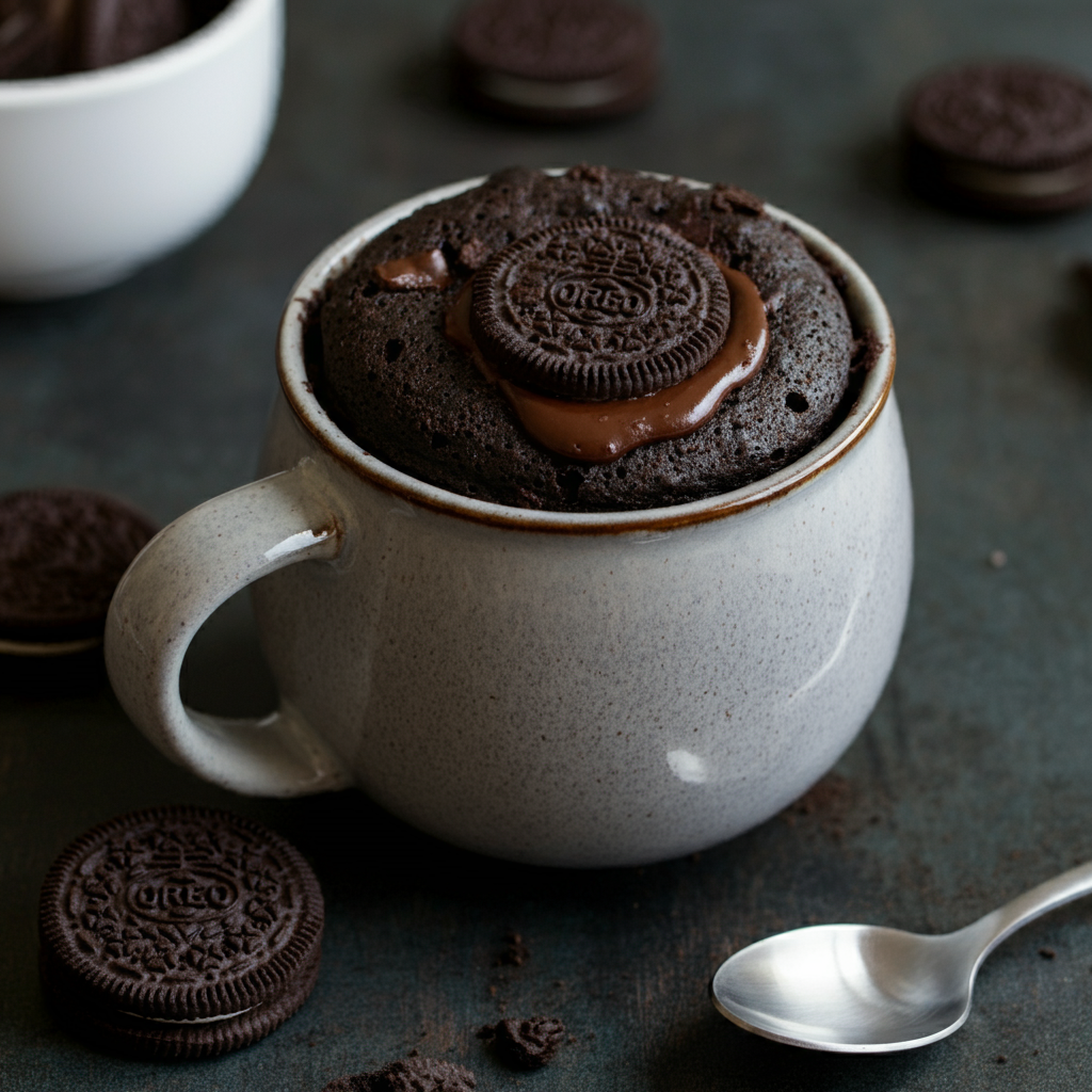 Design a clear, vibrant layout of the ingredients for an Oreo mug cake. Include a small bowl of crushed Oreo cookies, a cup of milk, a spoonful of sugar, a bowl of flour, baking powder, a dash of vanilla extract, and a few chocolate chips. Arrange the ingredients neatly on a clean countertop with some scattered Oreo crumbs around, with soft lighting to highlight the textures of each ingredient. Please provide the image in webp format."