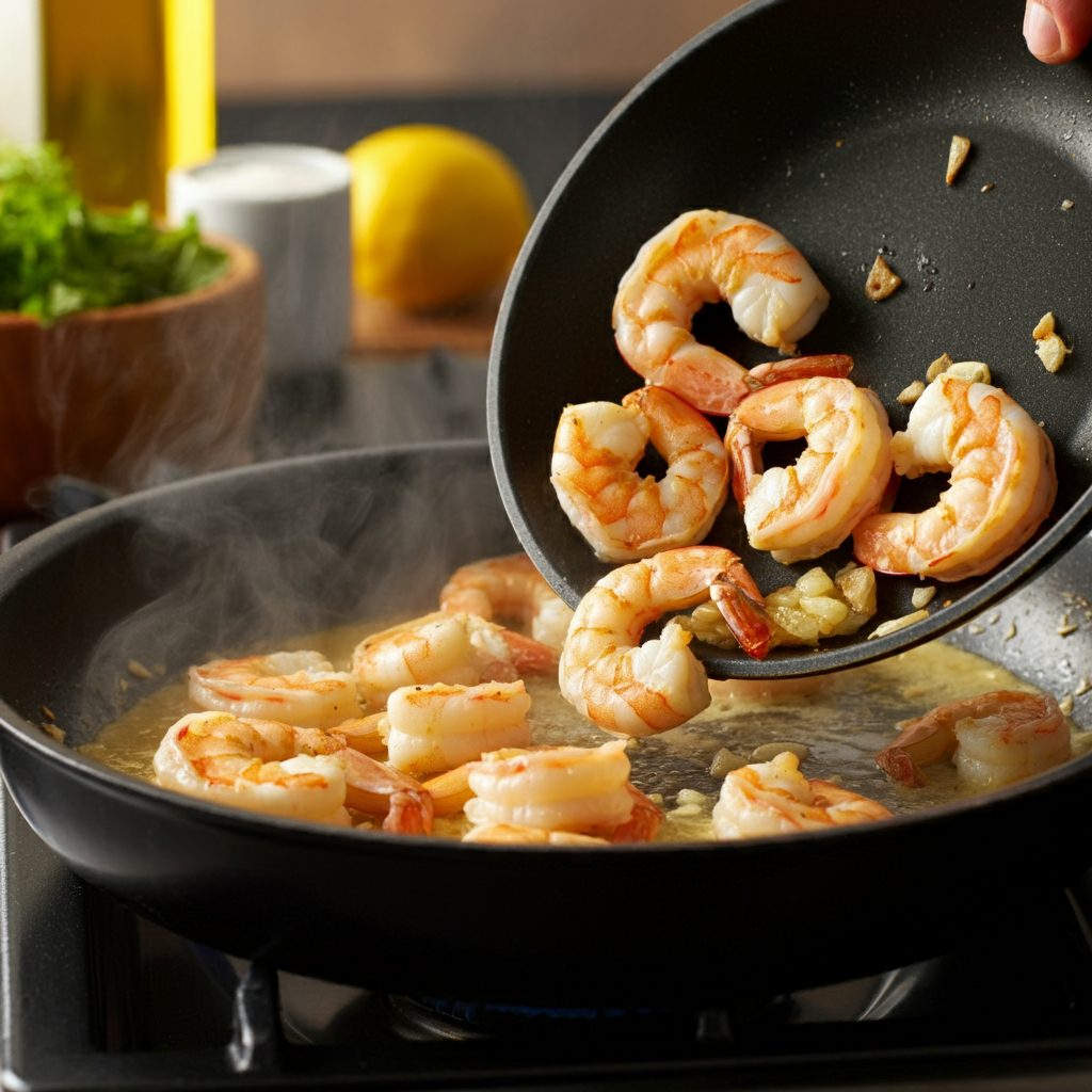 A flat lay of the fresh ingredients used to make Copycat Bistro Shrimp Pasta: Shrimp: Plump, raw shrimp arranged in a neat pattern on a wooden board. Pasta: A bundle of uncooked pasta, such as linguine or spaghetti, placed next to the shrimp. Heavy Cream: A small glass jar or bottle of heavy cream, placed prominently. Garlic: Fresh garlic cloves and garlic bulbs, scattered around the ingredients. Lemon: Fresh lemons with their zest lightly grated on a small plate, adding a fresh, citrus touch. Butter: A block of creamy, unsalted butter, placed next to the garlic. Fresh Parsley: A bunch of fresh parsley with vibrant green leaves, ready for garnishing. Parmesan Cheese: A wedge of Parmesan cheese with a grater, showing freshly grated cheese ready to be sprinkled on the dish. The ingredients are laid out on a rustic wooden surface, with soft natural light illuminating the scene to create a cozy, inviting kitchen atmosphere